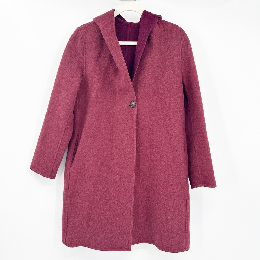 Uniqlo Womens Double Faced Wool Blend Hooded Coat Size S Burgundy Outerwear